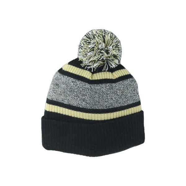 A back of a black beanie with multi-sized gold and grey stripes. There is a gold, black, and white pom on the top.